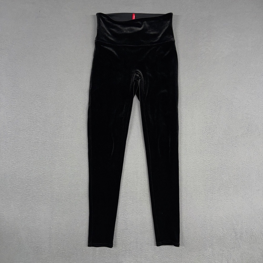 Spanx Pants Womens Large Black Velvet Leggings High Waisted Shaping Pull On